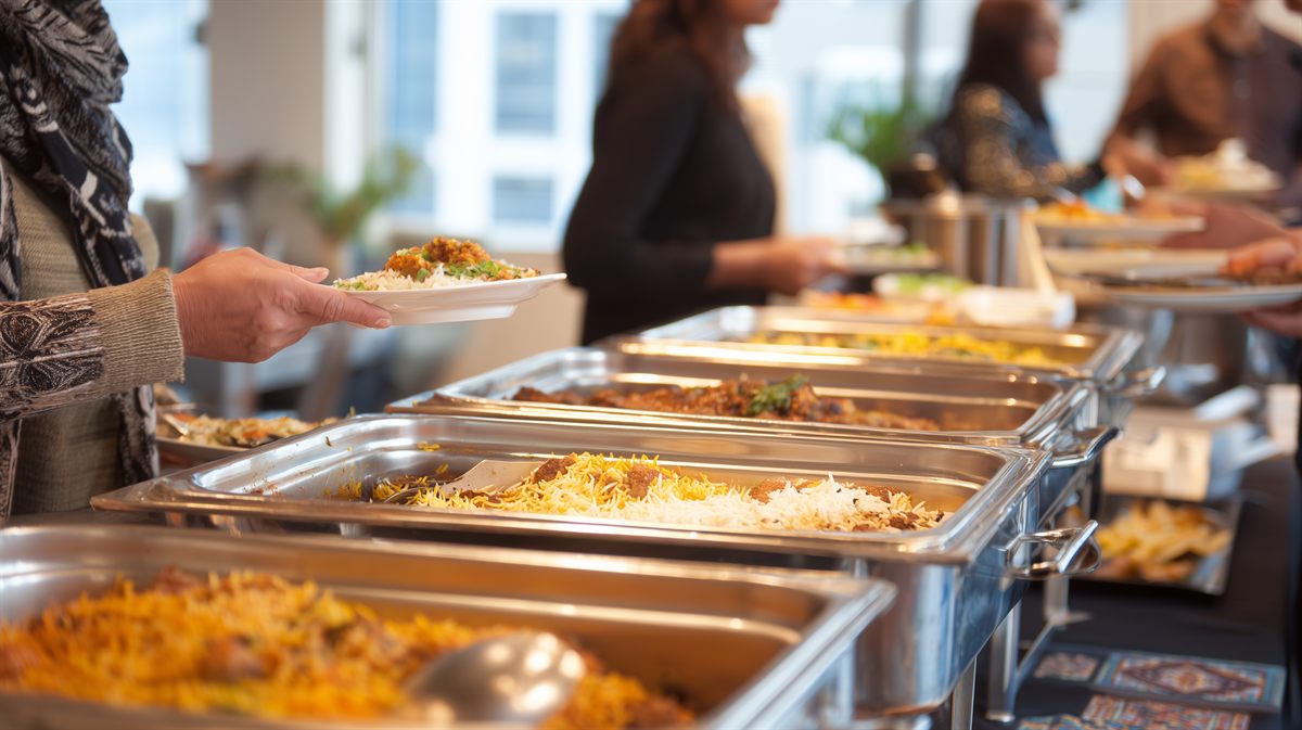 Buffet chafers at a catered event